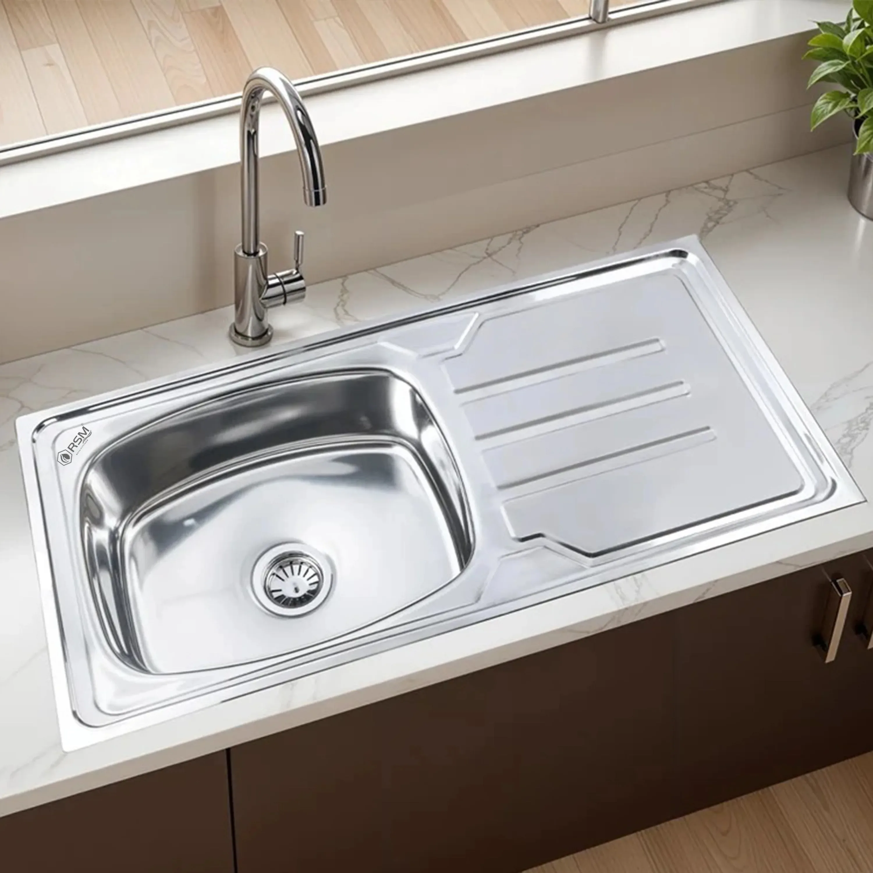 RSM Oval Single Bowl with Drainboard Kitchen Sink (42 x 20 x 9 Inches)