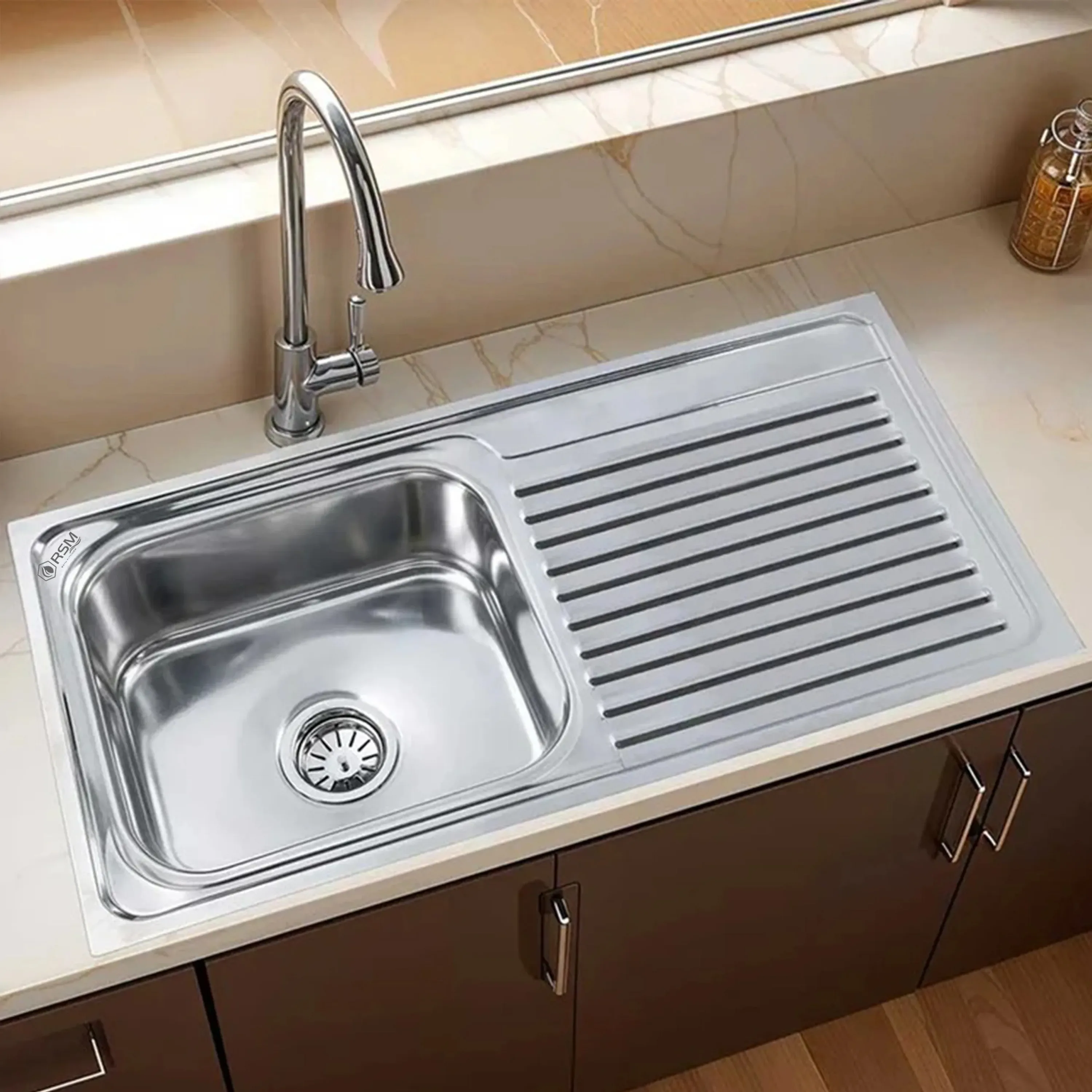 RSM Oval Single Bowl with Drainboard Kitchen Sink (37 x 18 x 8 Inches)